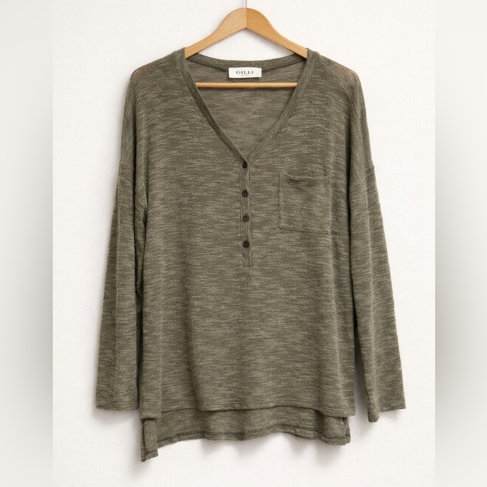 Gilli Olive Slub Knit Henley Pocket Top Lightweight Long Sleeve Small